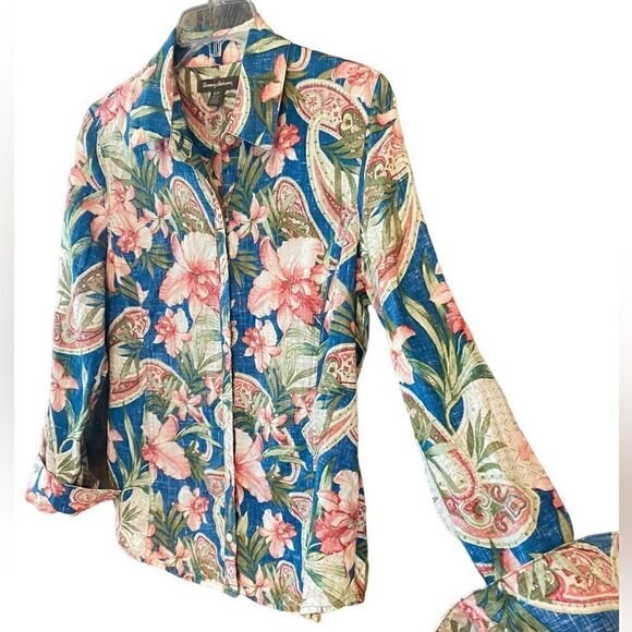 Tommy Bahama Sz S Teal Pink Hibiscus Linen Summer Button Down Collar Shirt - Picture 3 of 7